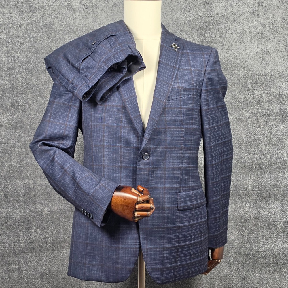 John Varvatos Suit Mens 40R/33R Blue Plaid 100% Wool Bleecker 2-Piece Set